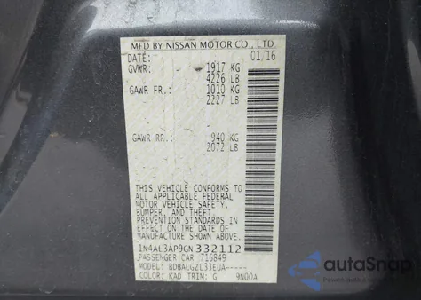 2016 Nissan Altima 2.5/2.5 S/2.5 Sl/2.5 Sr/2.5 Sv из США, поврежденный, VIN 1N4AL3AP9GN332112